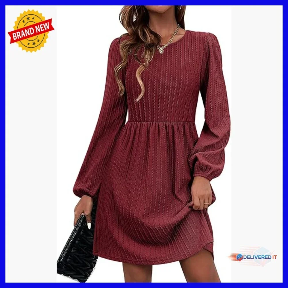 Knee-Length A-Line Sweater Dress with Pockets, Long Sleeve Crew Neck